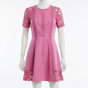 Asos Pink Scuba Skater Dress Lace Insert Short Sleeve Ladder Trim Fit Flare